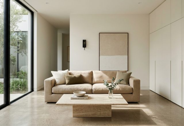A wide-angle shot of a minimalist living room featuring flat paint decor ideas layout with hidden storage cabinets seamlessly integrated into matte-finished walls and 36-inch walkway clearances.