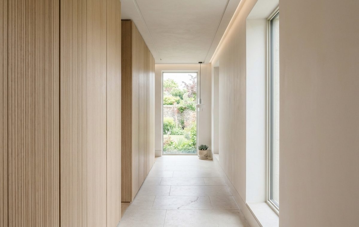 High-end minimalist hallway featuring custom fluted white oak hidden storage cabinets with a 36-inch clear walkway for optimal flow.