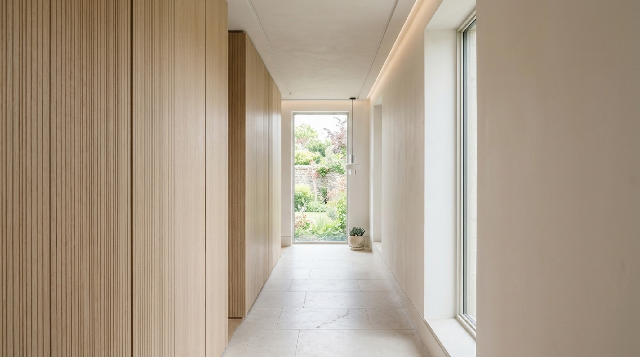 High-end minimalist hallway featuring custom fluted white oak hidden storage cabinets with a 36-inch clear walkway for optimal flow. High-end minimalist hallway featuring custom fluted white oak hidden storage cabinets with a 36-inch clear walkway for optimal flow.