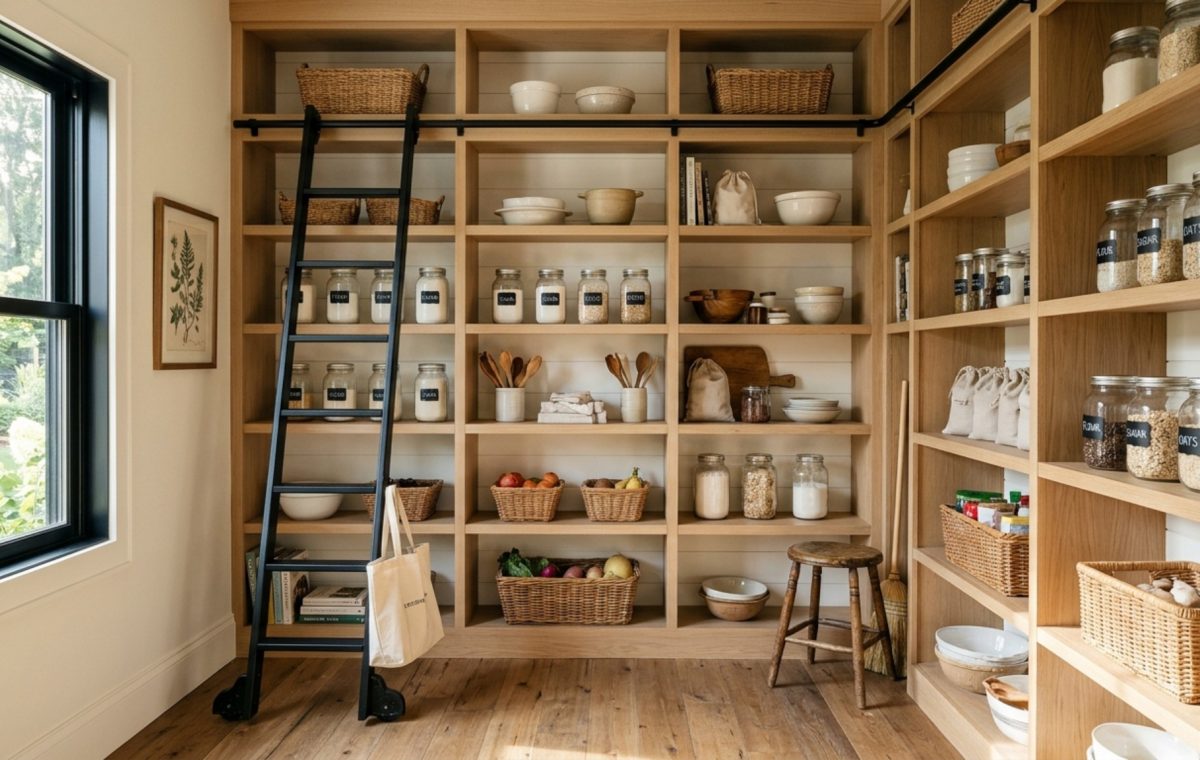 A wide-angle architectural shot of a Joanna Gaines pantry with white oak shelving and a rolling library ladder under soft natural sunlight.