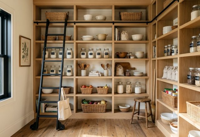 A wide-angle architectural shot of a Joanna Gaines pantry with white oak shelving and a rolling library ladder under soft natural sunlight.