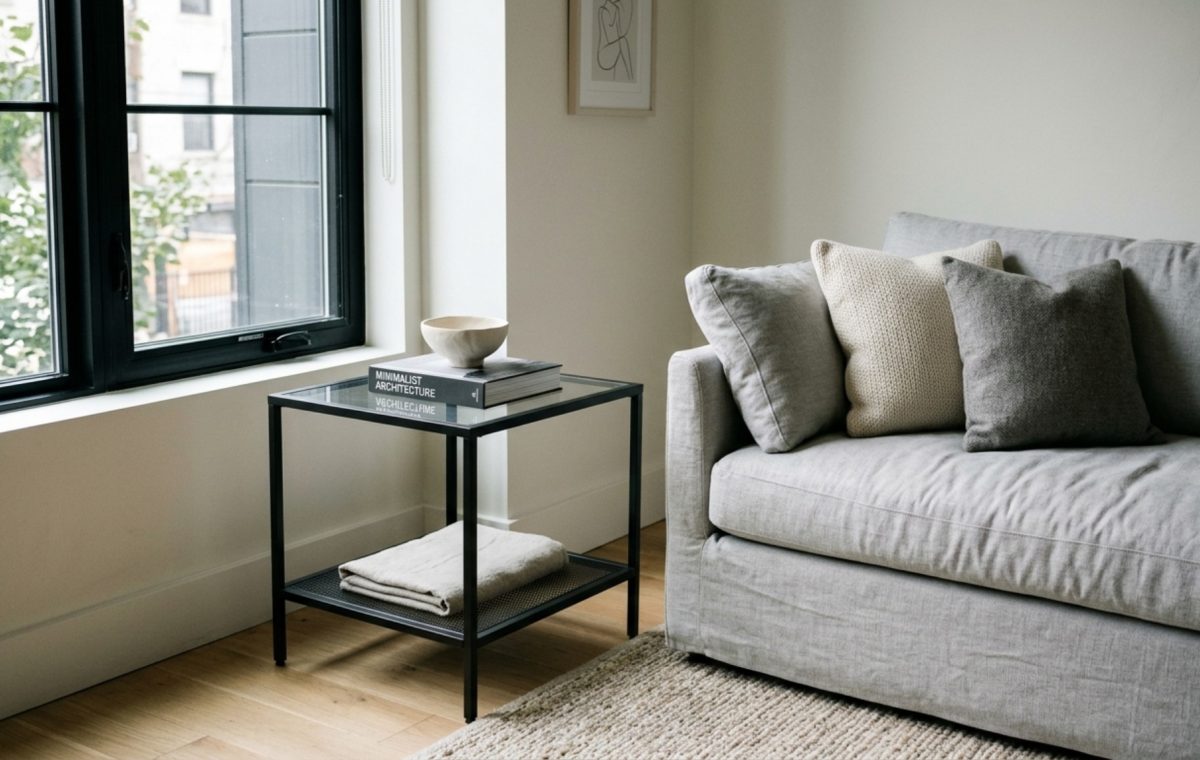 A minimalist living room featuring the ikea vittsjoe side table for small decor ideas styled with a brass task lamp and a single art book.