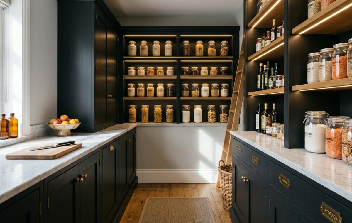 A sophisticated walk-in pantry featuring charcoal-painted cabinetry in Farrow and Ball Railings with integrated warm LED task lighting to showcase small pantry organization ideas architecture.