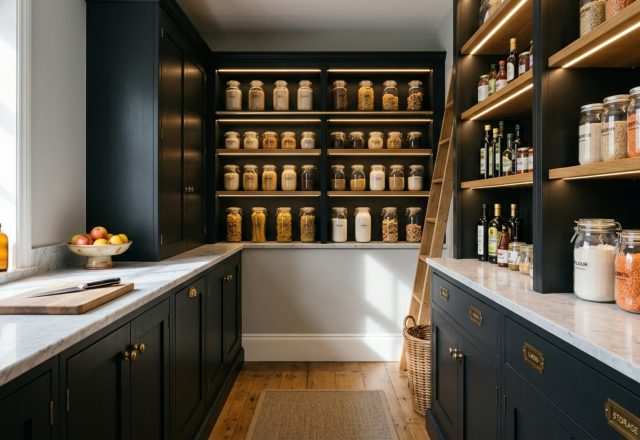 A sophisticated walk-in pantry featuring charcoal-painted cabinetry in Farrow and Ball Railings with integrated warm LED task lighting to showcase small pantry organization ideas architecture.
