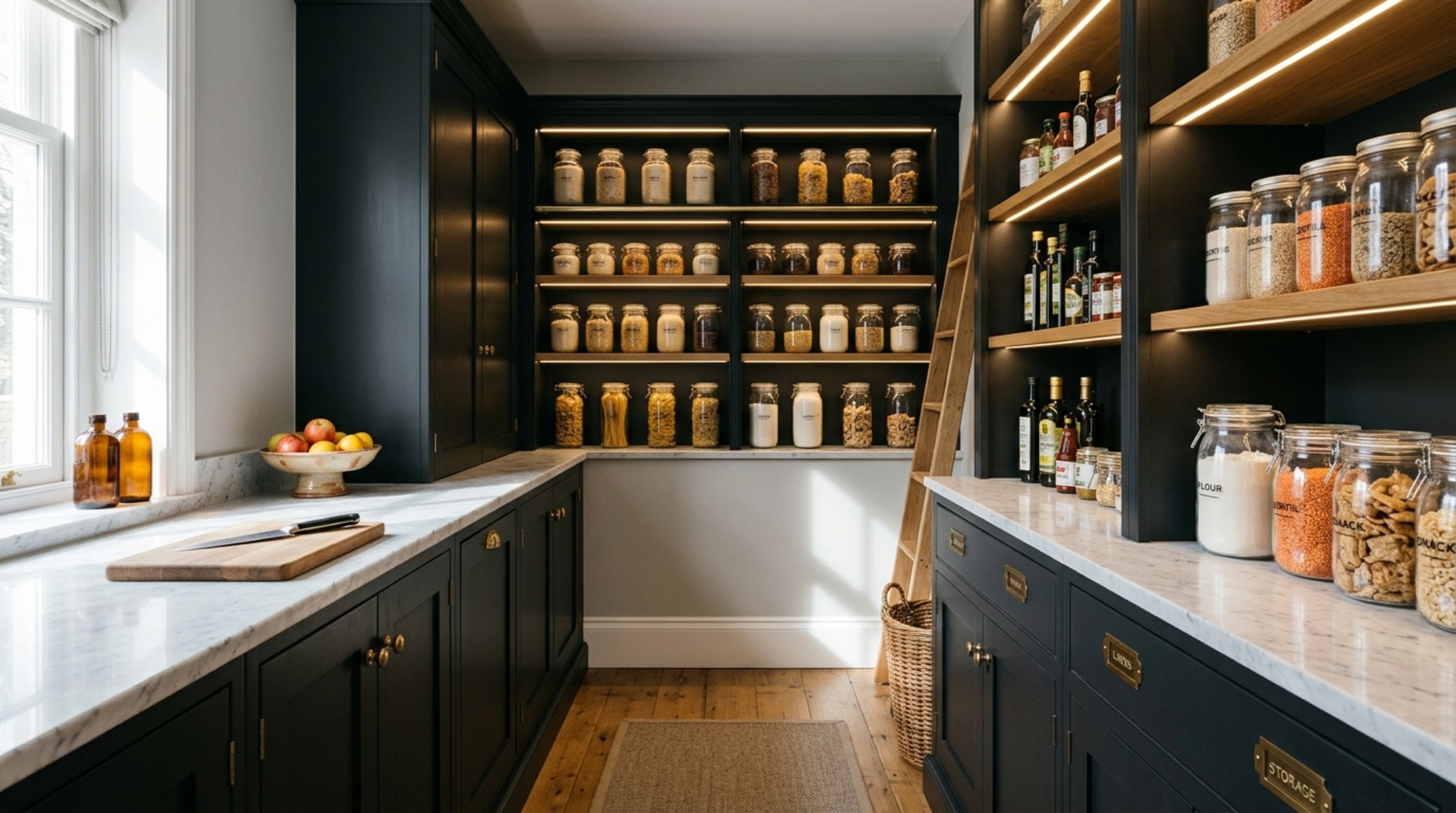 A sophisticated walk-in pantry featuring charcoal-painted cabinetry in Farrow and Ball Railings with integrated warm LED task lighting to showcase small pantry organization ideas architecture. A sophisticated walk-in pantry featuring charcoal-painted cabinetry in Farrow and Ball Railings with integrated warm LED task lighting to showcase small pantry organization ideas architecture.