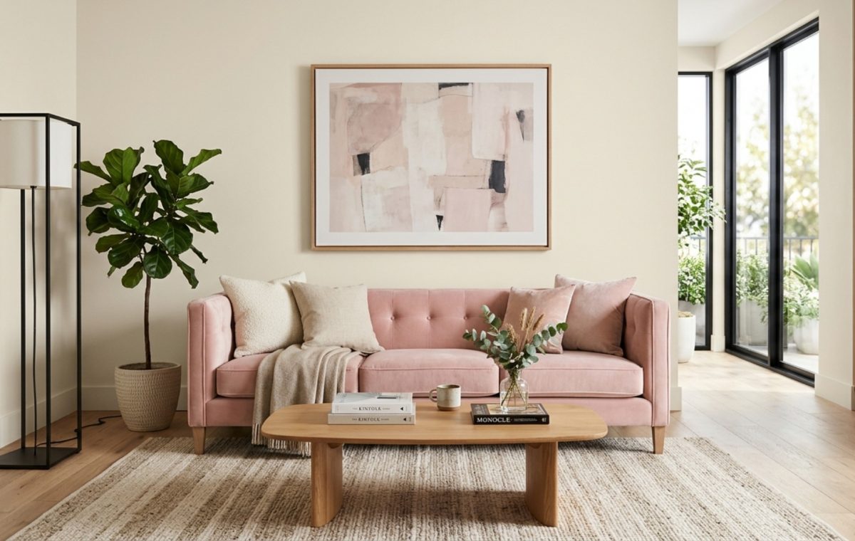 A sun-drenched open-plan living room showcasing barbie movie dreamhouse pink paint shortage decor ideas with 36-inch walkways and a neutral Swiss Coffee backdrop.