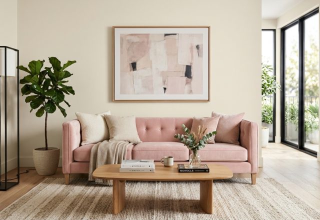 A sun-drenched open-plan living room showcasing barbie movie dreamhouse pink paint shortage decor ideas with 36-inch walkways and a neutral Swiss Coffee backdrop.