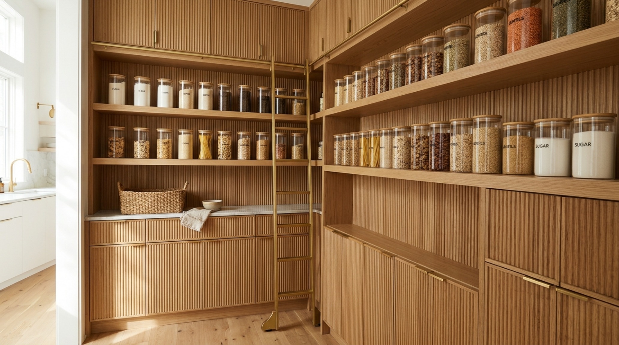 A meticulously organized luxury pantry featuring white oak cabinetry and uniform glass jars, showcasing the latest small pantry organization ideas.