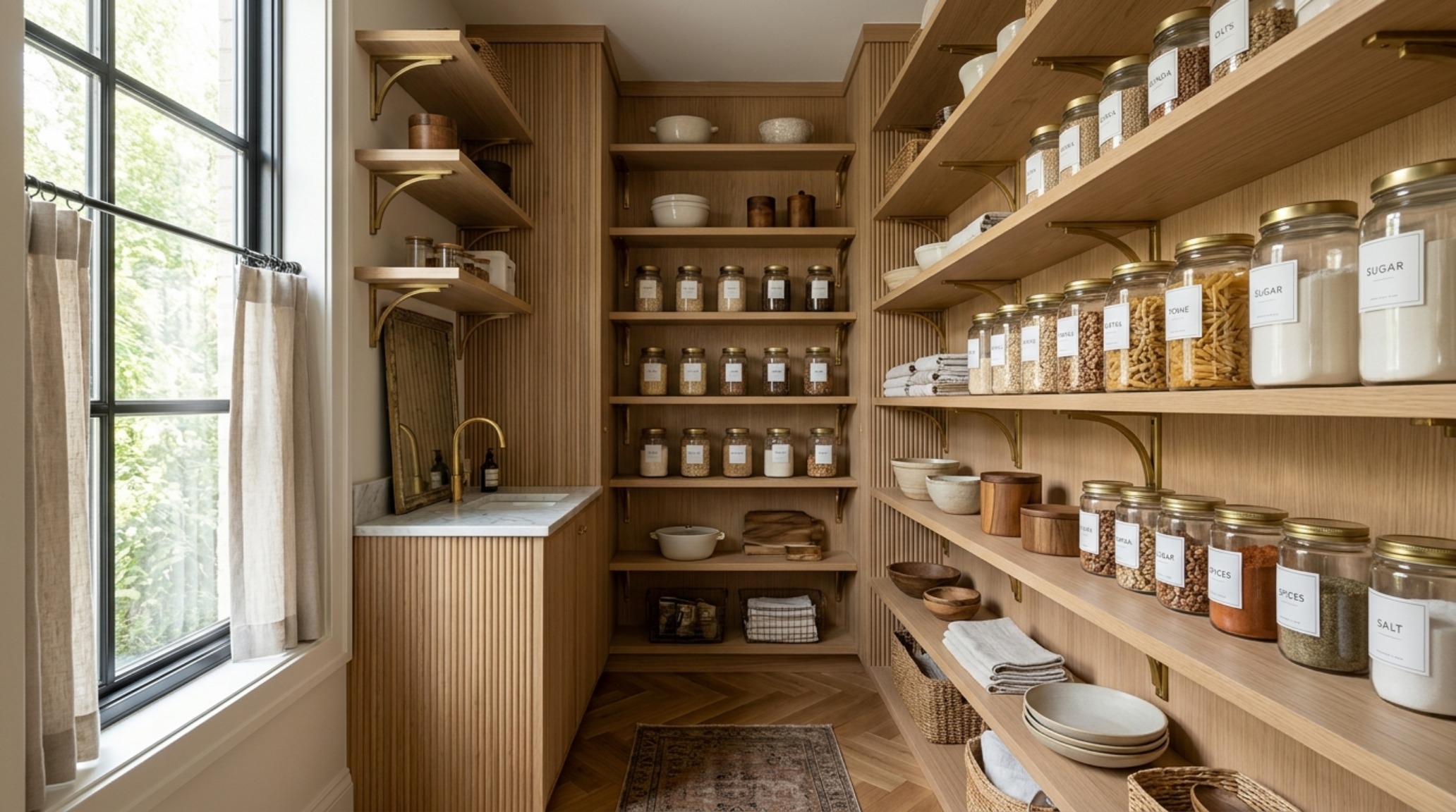 A custom-built small pantry organization ideas architecture with fluted white oak cabinetry and brass shelf supports in a sun-drenched kitchen corner.