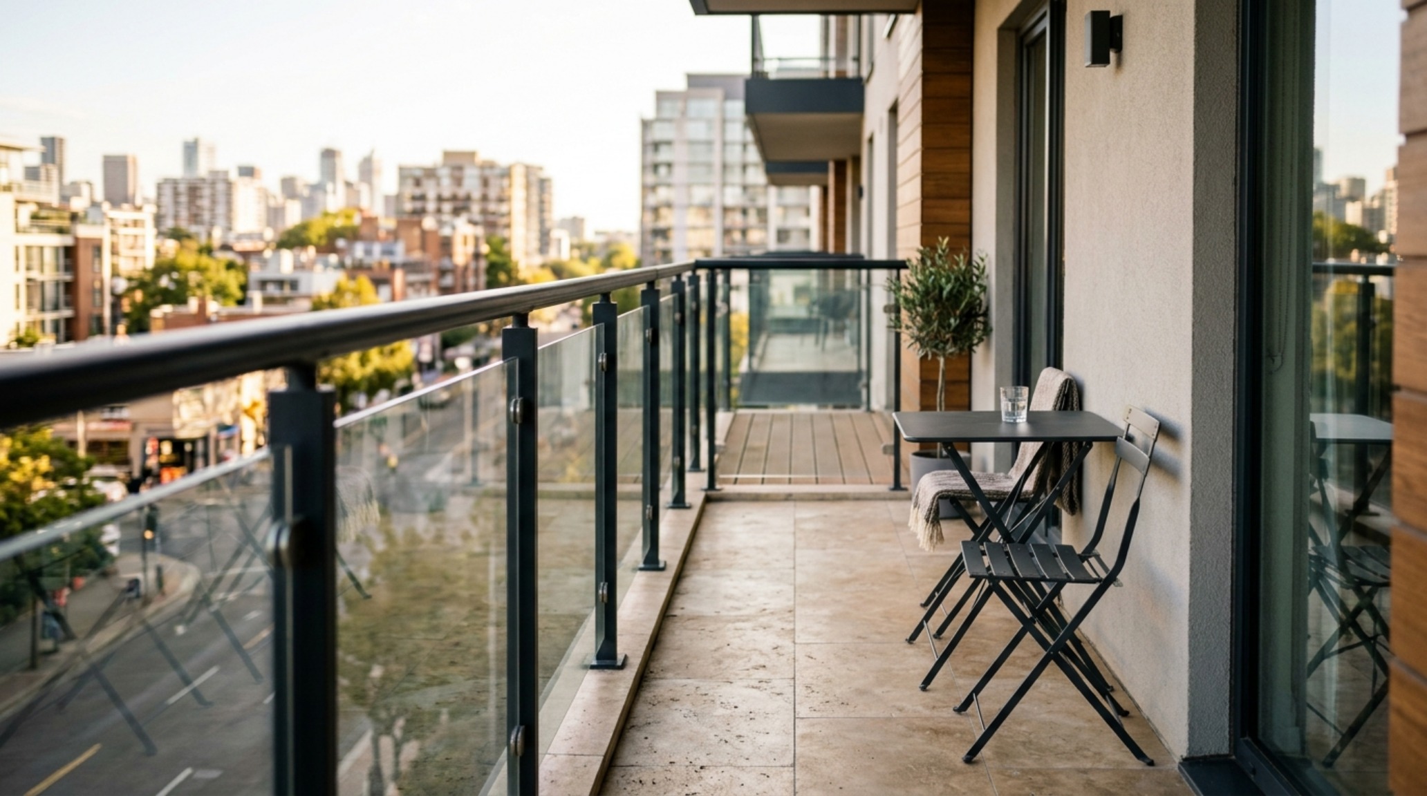 A narrow apartment balcony featuring a slim black steel folding bistro set with 30-inch clear walkway and light-reflective travertine flooring. A narrow apartment balcony featuring a slim black steel folding bistro set with 30-inch clear walkway and light-reflective travertine flooring.