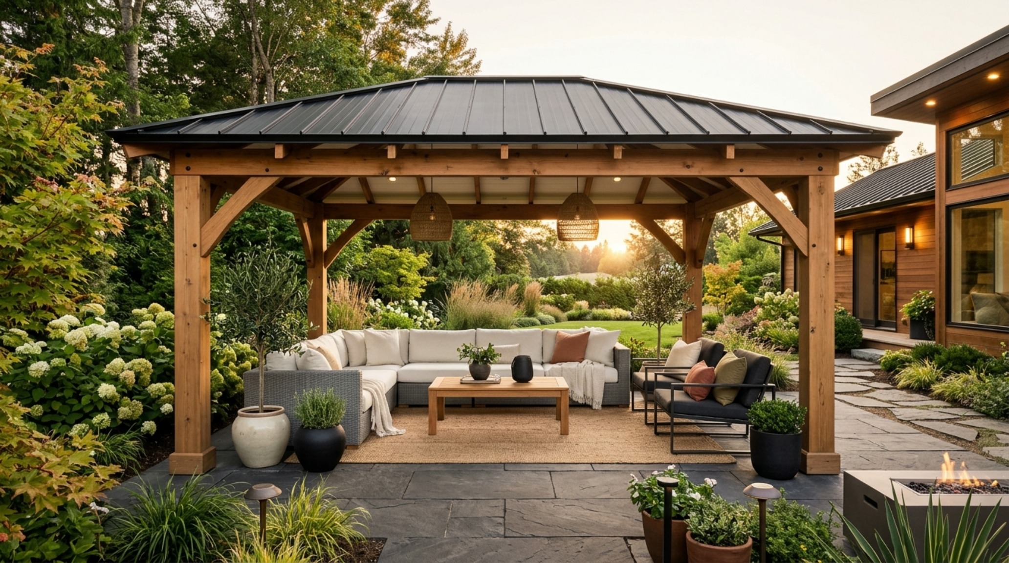 A wide-angle architectural shot of the 12x20 Costco viral party porch featuring cedar beams and a black aluminum roof styled with modern neutral outdoor furniture. A wide-angle architectural shot of the 12x20 Costco viral party porch featuring cedar beams and a black aluminum roof styled with modern neutral outdoor furniture.