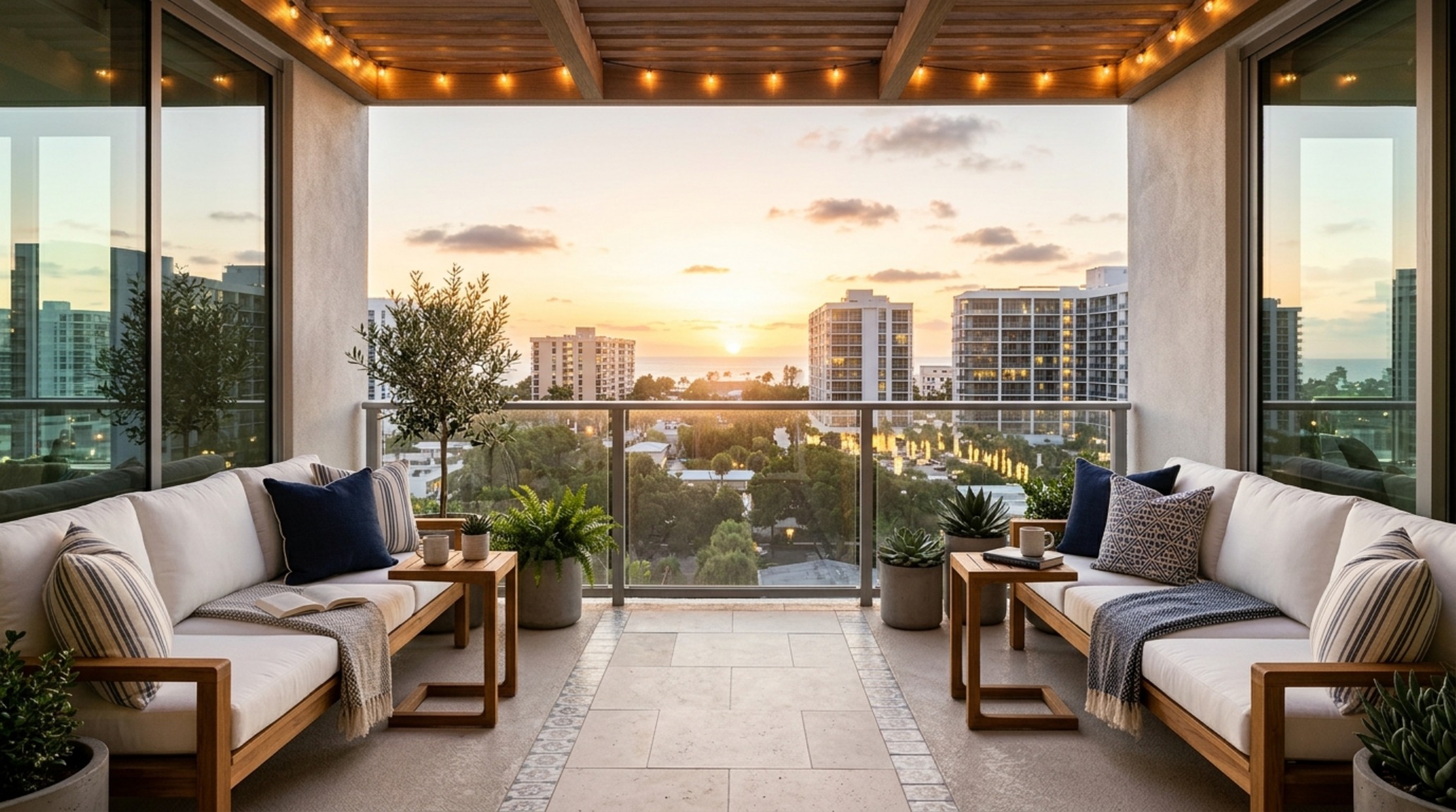 Wide-angle architectural shot of 'The Party Plaza' balcony by Linda Hayslett featuring symmetrical teak seating and 36-inch clear walkways for optimal social flow. Wide-angle architectural shot of 'The Party Plaza' balcony by Linda Hayslett featuring symmetrical teak seating and 36-inch clear walkways for optimal social flow.