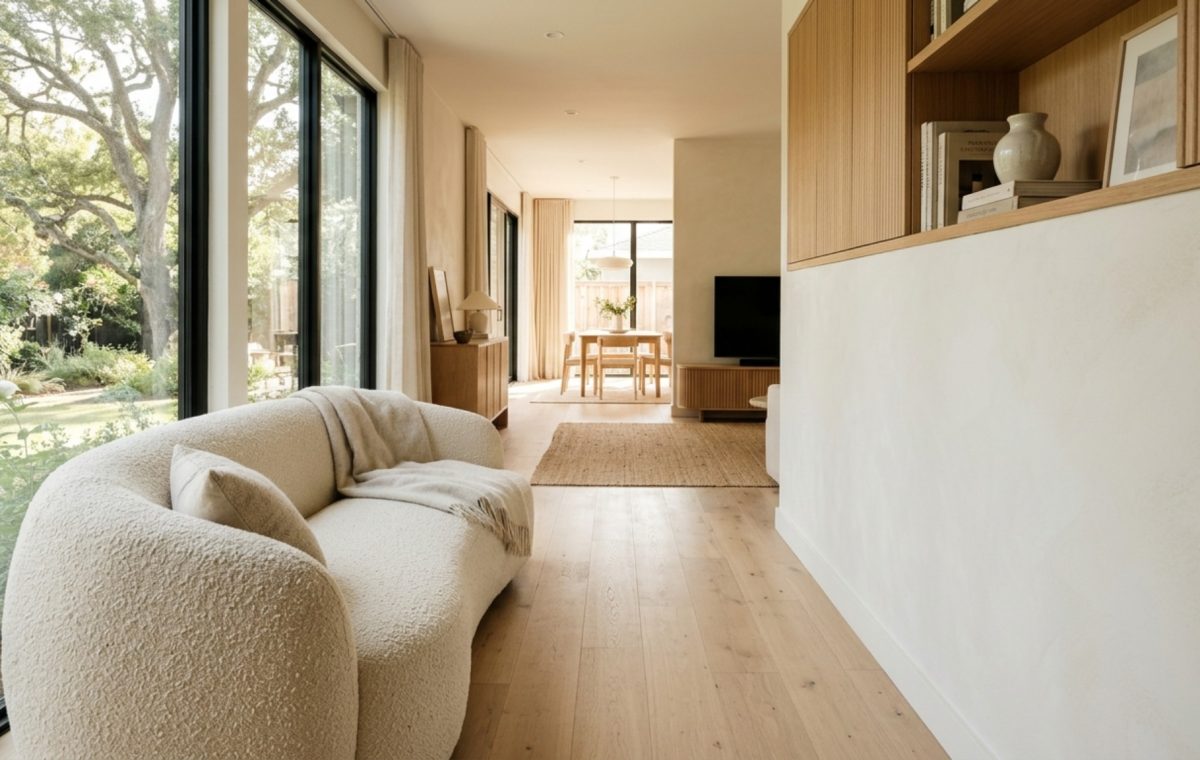 Wide-angle architectural view of a living room showcasing 36-inch walkway clearances and a balanced 3d living room designer layout with soft natural sunlight.