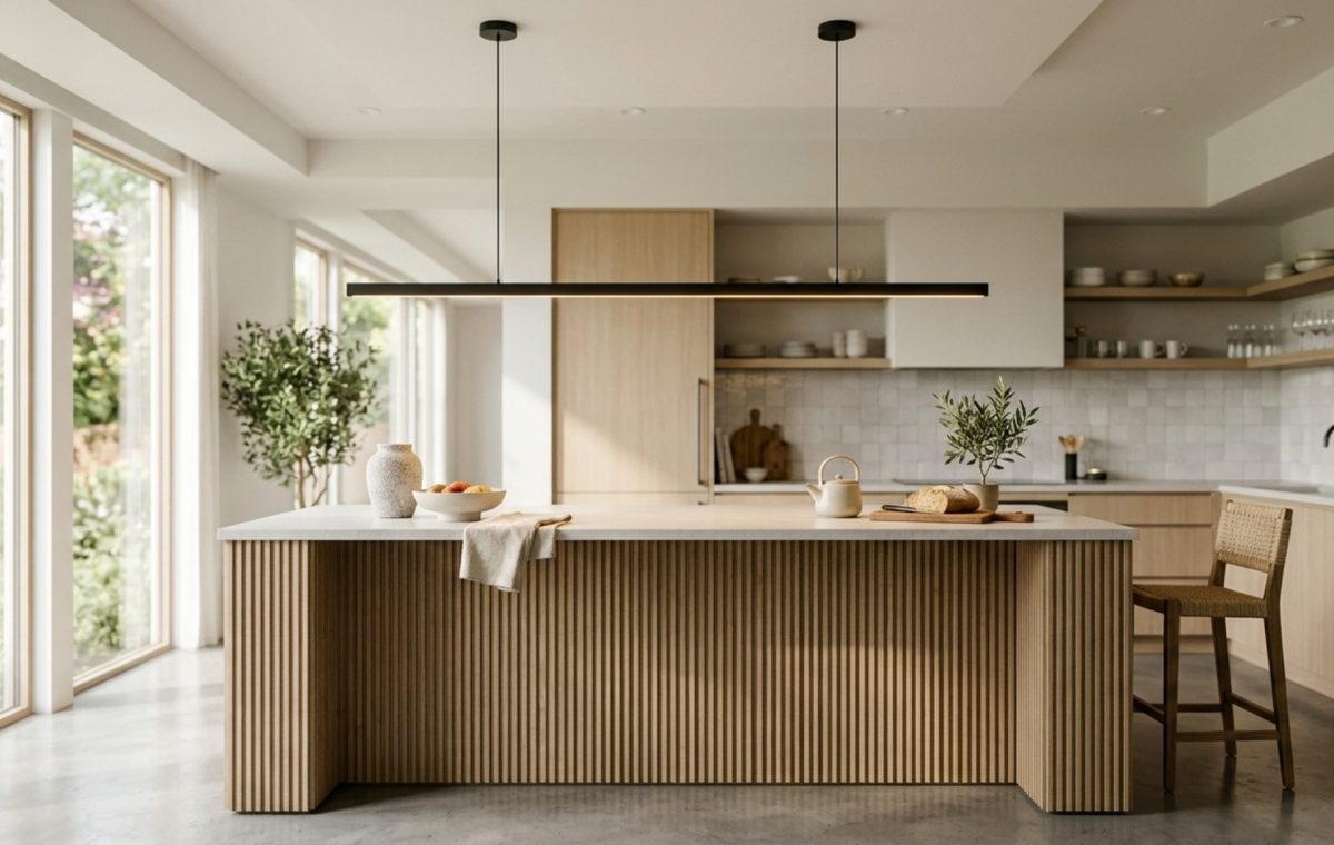 modern unique hanging lights ideas featuring a linear matte black suspension over a fluted white oak kitchen island