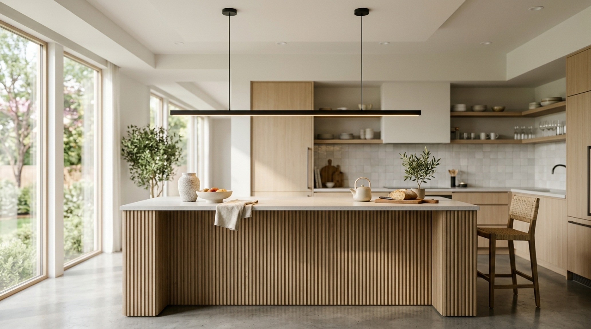 modern unique hanging lights ideas featuring a linear matte black suspension over a fluted white oak kitchen island modern unique hanging lights ideas featuring a linear matte black suspension over a fluted white oak kitchen island