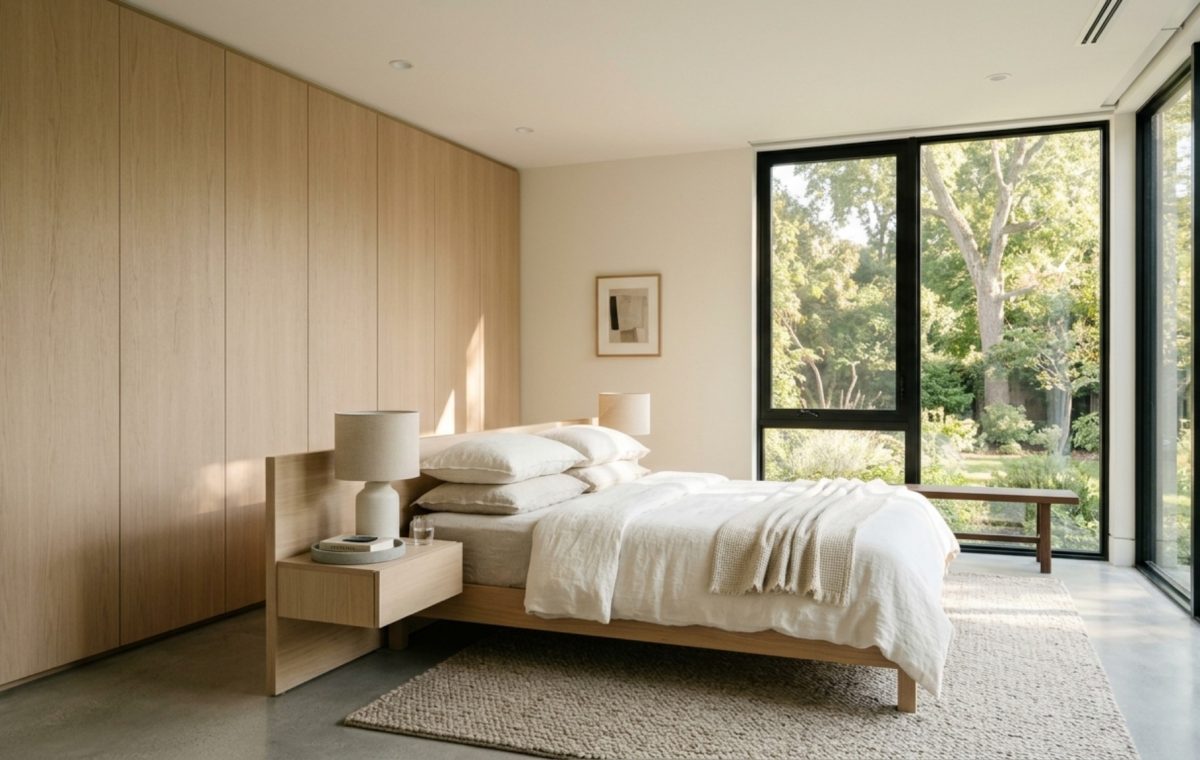 modern bright bedroom color ideas ideas featuring integrated white oak storage wardrobes and a minimalist platform bed in a sun-drenched loft