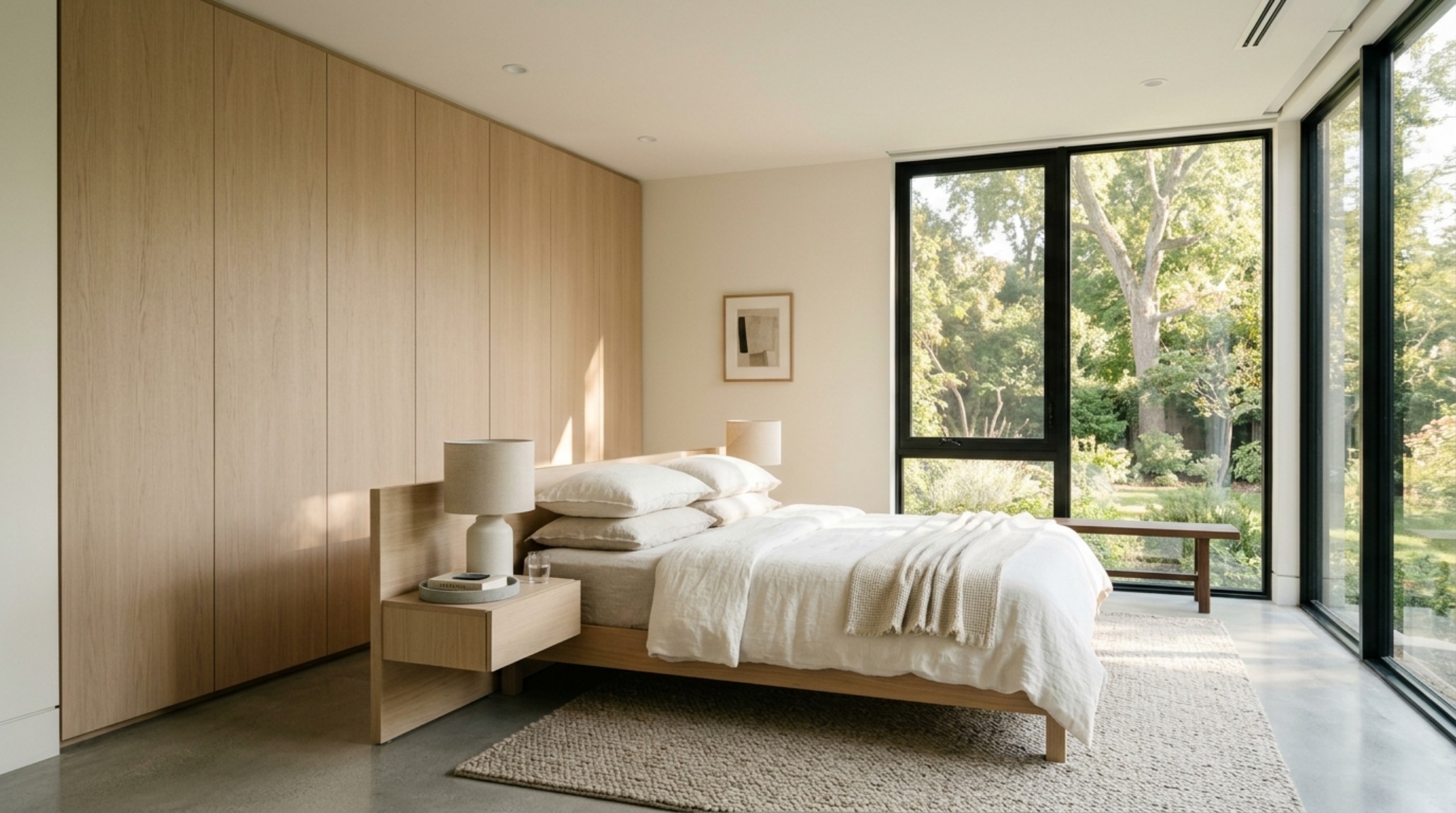 modern bright bedroom color ideas ideas featuring integrated white oak storage wardrobes and a minimalist platform bed in a sun-drenched loft modern bright bedroom color ideas ideas featuring integrated white oak storage wardrobes and a minimalist platform bed in a sun-drenched loft
