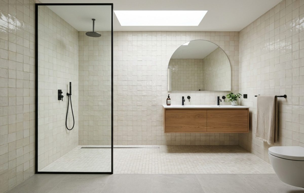 modern interior design ideas for bathrooms ideas featuring a curbless wet room with linear drainage and Zellige tile walls in a matte finish