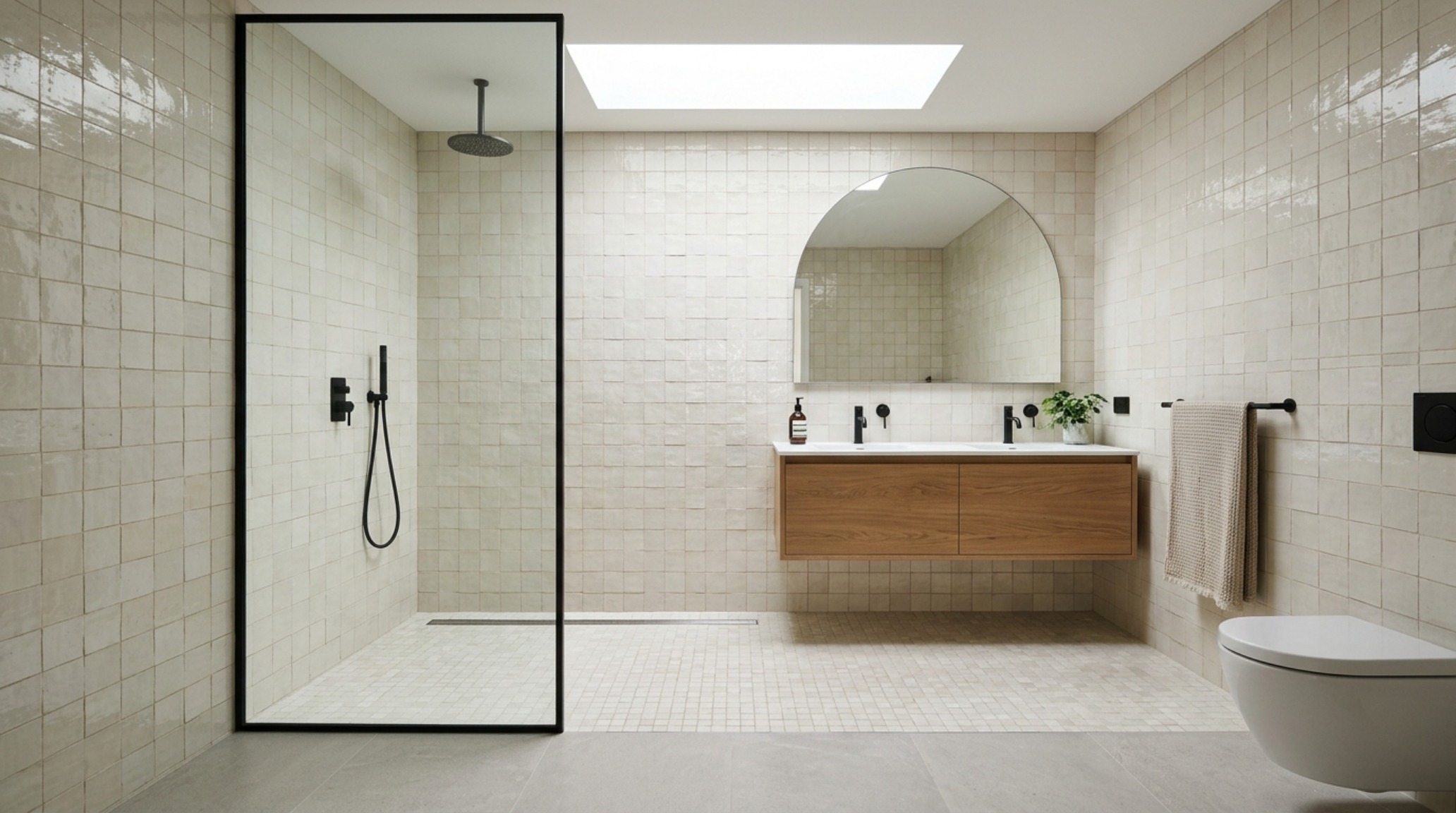 modern interior design ideas for bathrooms ideas featuring a curbless wet room with linear drainage and Zellige tile walls in a matte finish modern interior design ideas for bathrooms ideas featuring a curbless wet room with linear drainage and Zellige tile walls in a matte finish