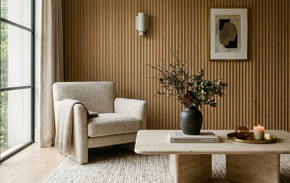 luxury interior design advice textures featuring a close-up of a fluted white oak wall panel next to a honed travertine side table and aged brass hardware.
