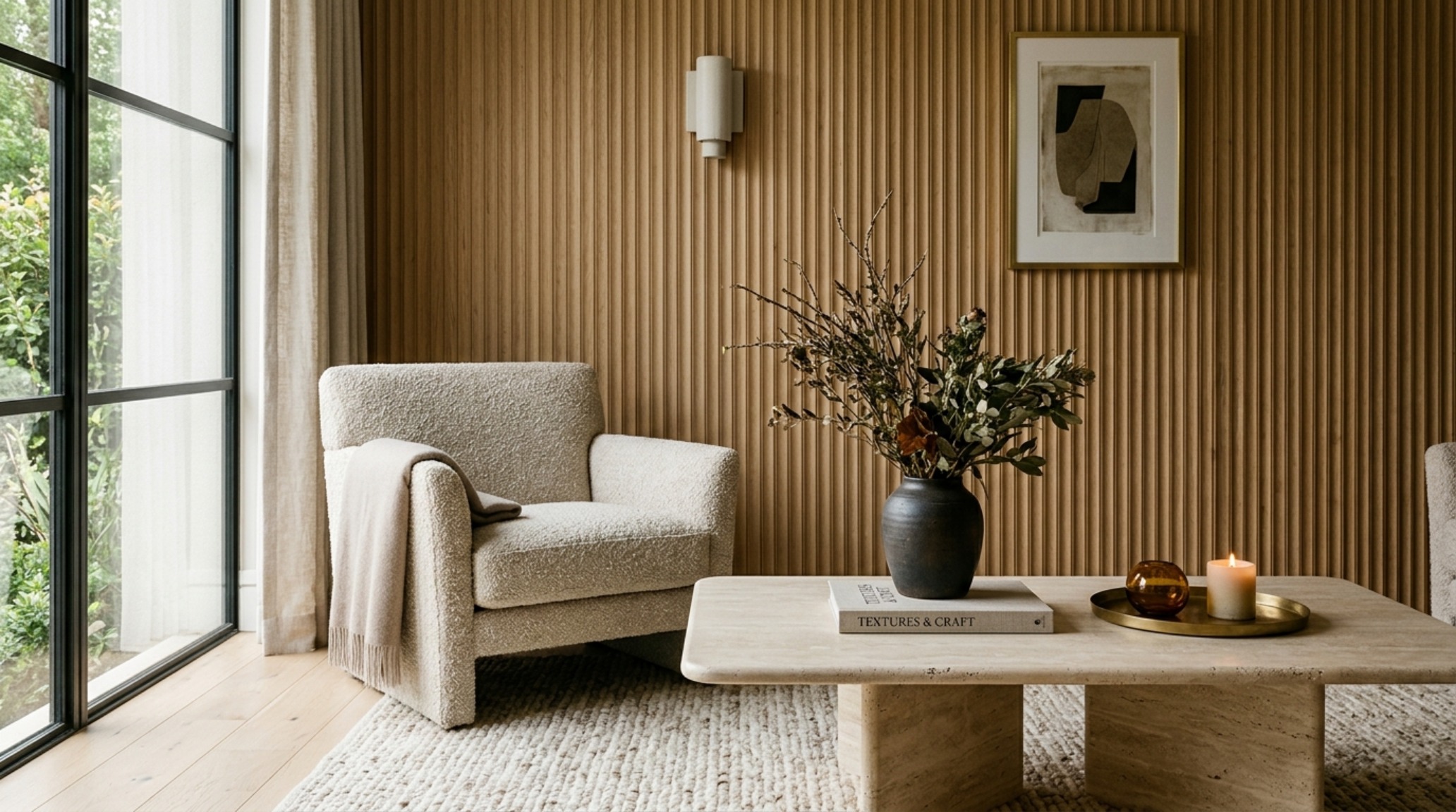 luxury interior design advice textures featuring a close-up of a fluted white oak wall panel next to a honed travertine side table and aged brass hardware. luxury interior design advice textures featuring a close-up of a fluted white oak wall panel next to a honed travertine side table and aged brass hardware.