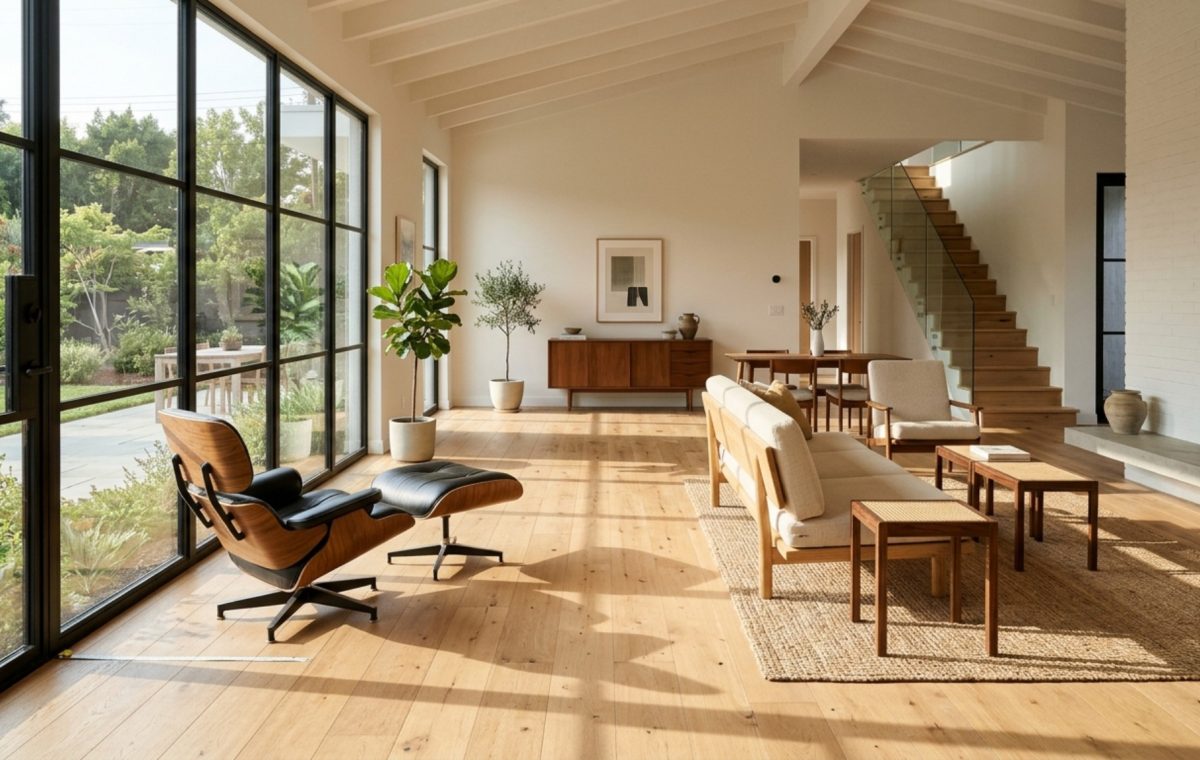modern design on a budget spatial layout featuring a 36-inch walkway and a low-profile sofa on tapered legs with warm natural light.