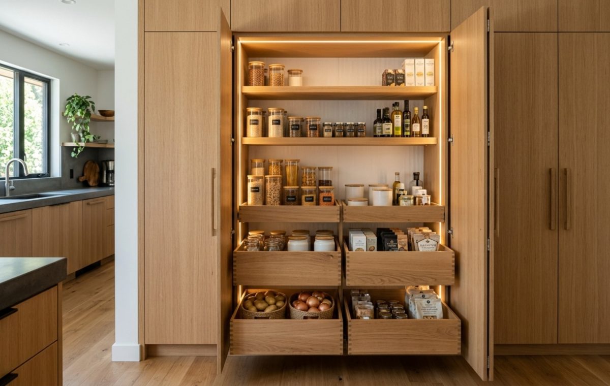 modern unique cabinets ideas showcasing a hidden kitchen pantry with full-extension pull-out shelves and integrated LED lighting in a minimalist warm wood finish.