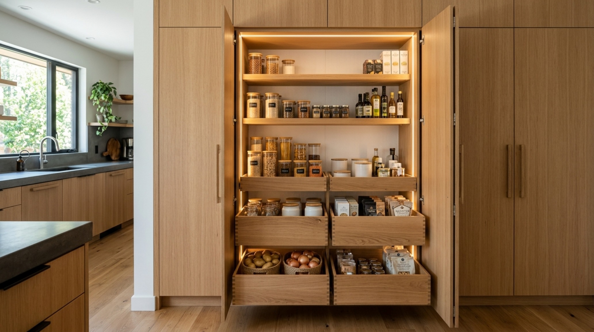 modern unique cabinets ideas showcasing a hidden kitchen pantry with full-extension pull-out shelves and integrated LED lighting in a minimalist warm wood finish. modern unique cabinets ideas showcasing a hidden kitchen pantry with full-extension pull-out shelves and integrated LED lighting in a minimalist warm wood finish.