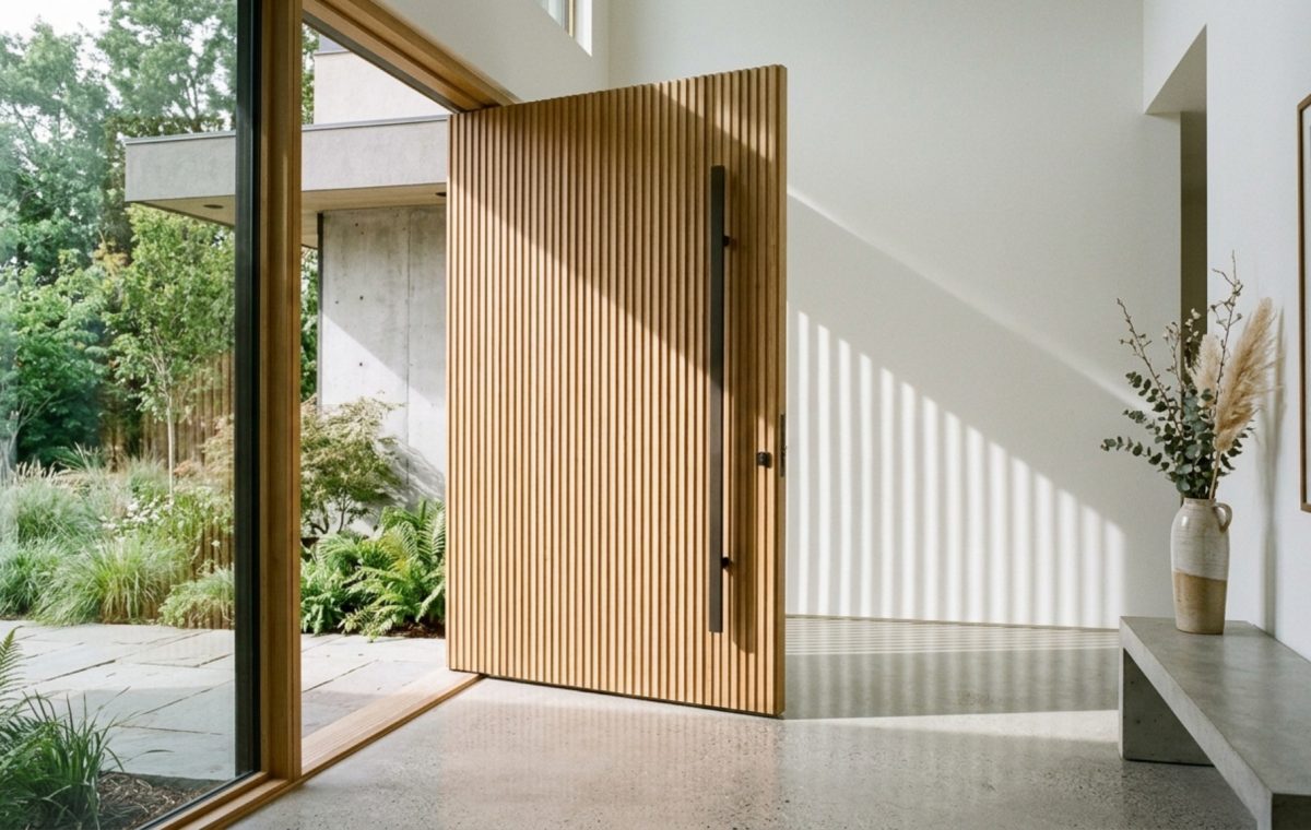 modern ideas for front doors ideas featuring a large white oak pivot door with vertical fluting and custom matte bronze pull handle