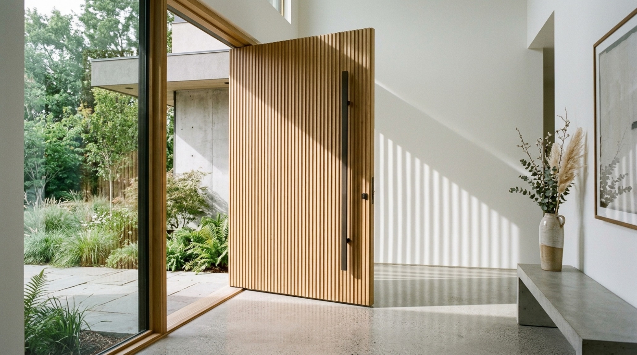 modern ideas for front doors ideas featuring a large white oak pivot door with vertical fluting and custom matte bronze pull handle modern ideas for front doors ideas featuring a large white oak pivot door with vertical fluting and custom matte bronze pull handle