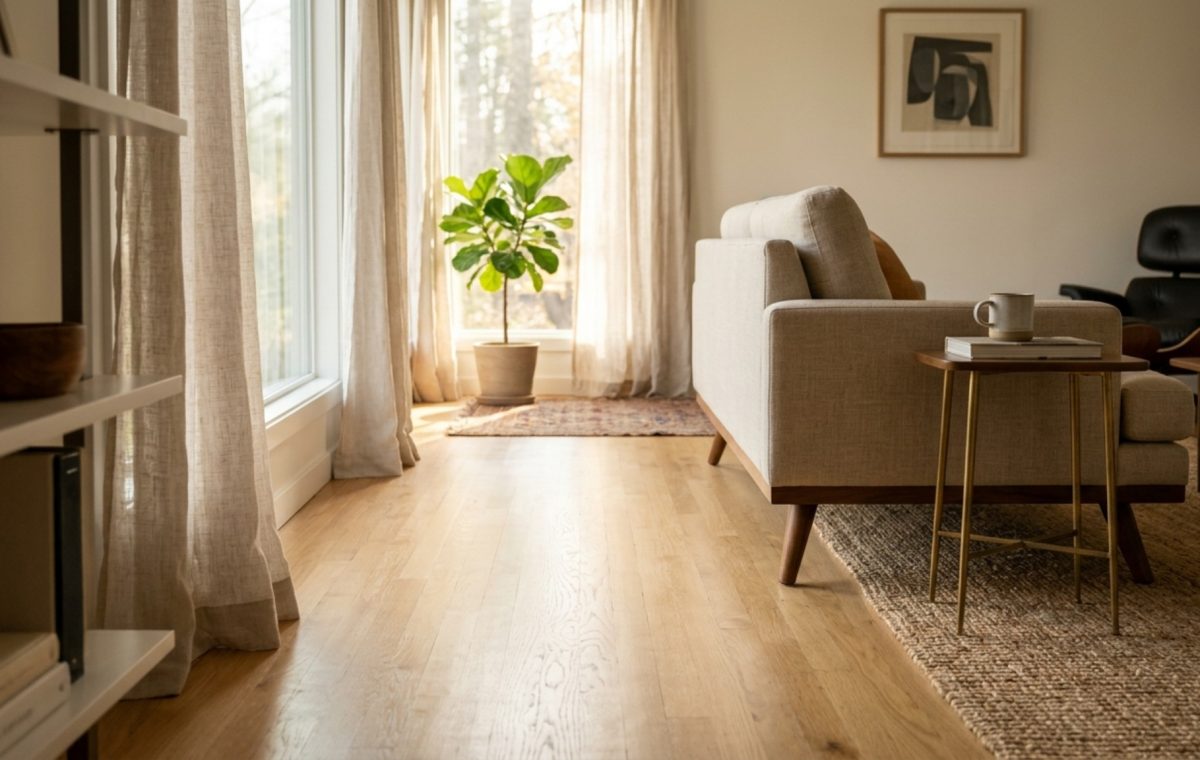 small space interior decoration ideas for living room featuring a leggy mid-century sofa and a floating oak credenza to maximize floor plane visibility