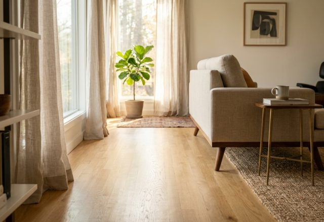 small space interior decoration ideas for living room featuring a leggy mid-century sofa and a floating oak credenza to maximize floor plane visibility