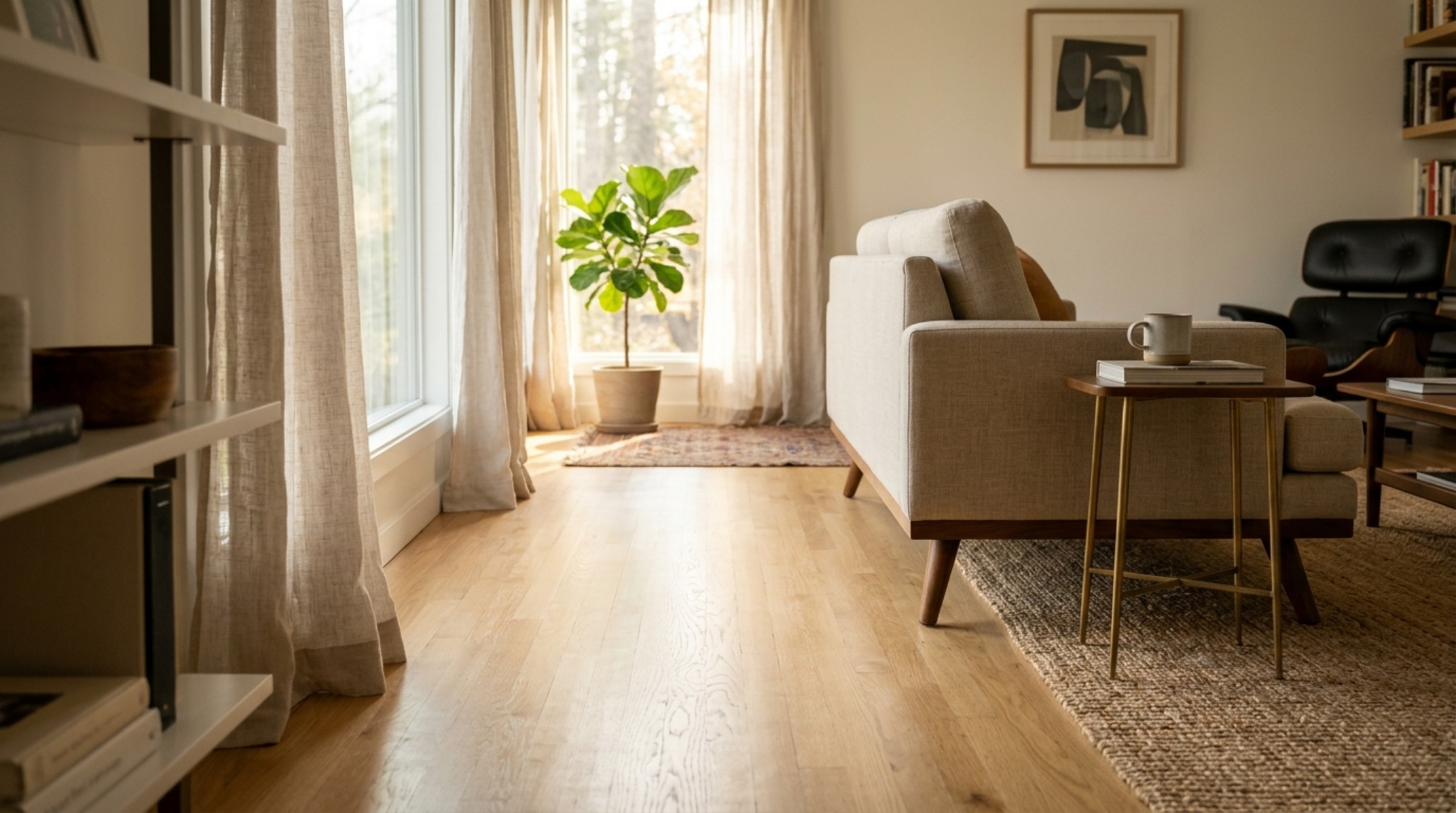 small space interior decoration ideas for living room featuring a leggy mid-century sofa and a floating oak credenza to maximize floor plane visibility small space interior decoration ideas for living room featuring a leggy mid-century sofa and a floating oak credenza to maximize floor plane visibility