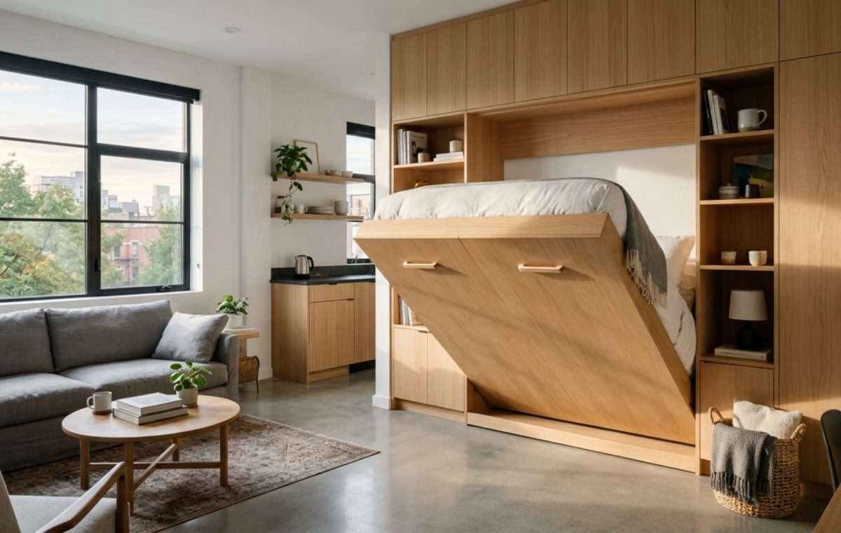 small space interior design advice featuring a sleek integrated Murphy bed system in a minimalist studio apartment with floor-to-ceiling white oak cabinetry