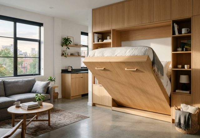 small space interior design advice featuring a sleek integrated Murphy bed system in a minimalist studio apartment with floor-to-ceiling white oak cabinetry