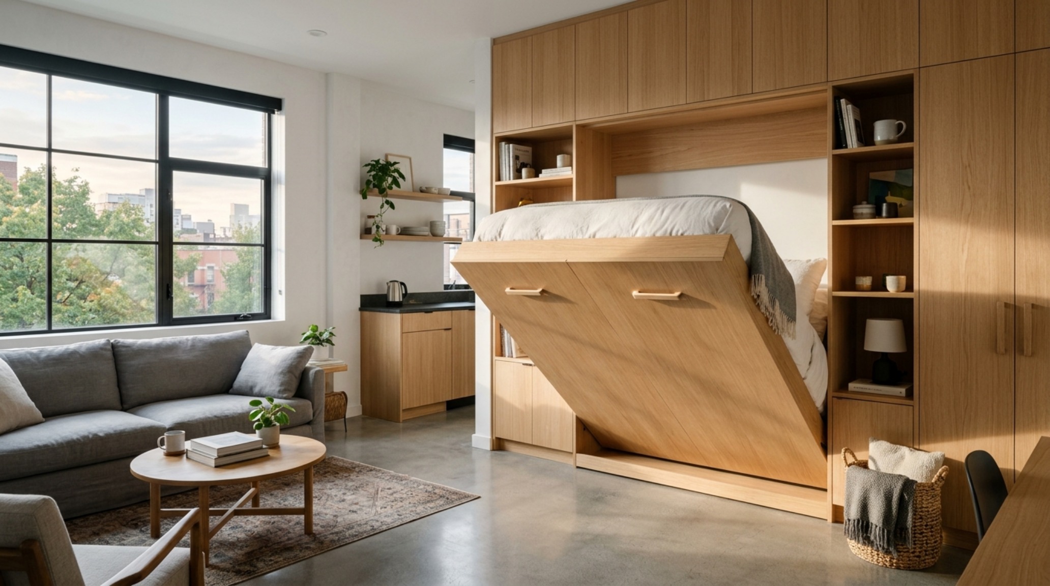 small space interior design advice featuring a sleek integrated Murphy bed system in a minimalist studio apartment with floor-to-ceiling white oak cabinetry small space interior design advice featuring a sleek integrated Murphy bed system in a minimalist studio apartment with floor-to-ceiling white oak cabinetry