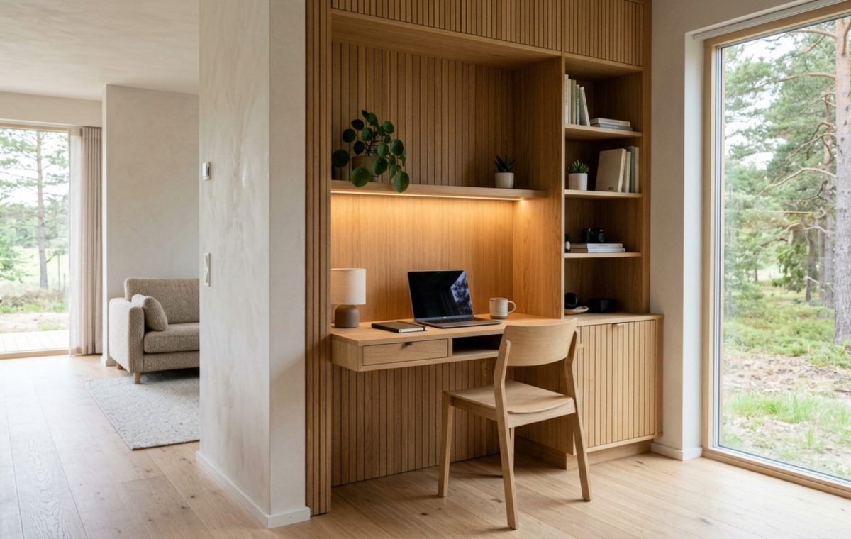 Modern small modular homes ideas featuring a built-in rift-sawn white oak desk and shelving unit with integrated 3000K LED task lighting.