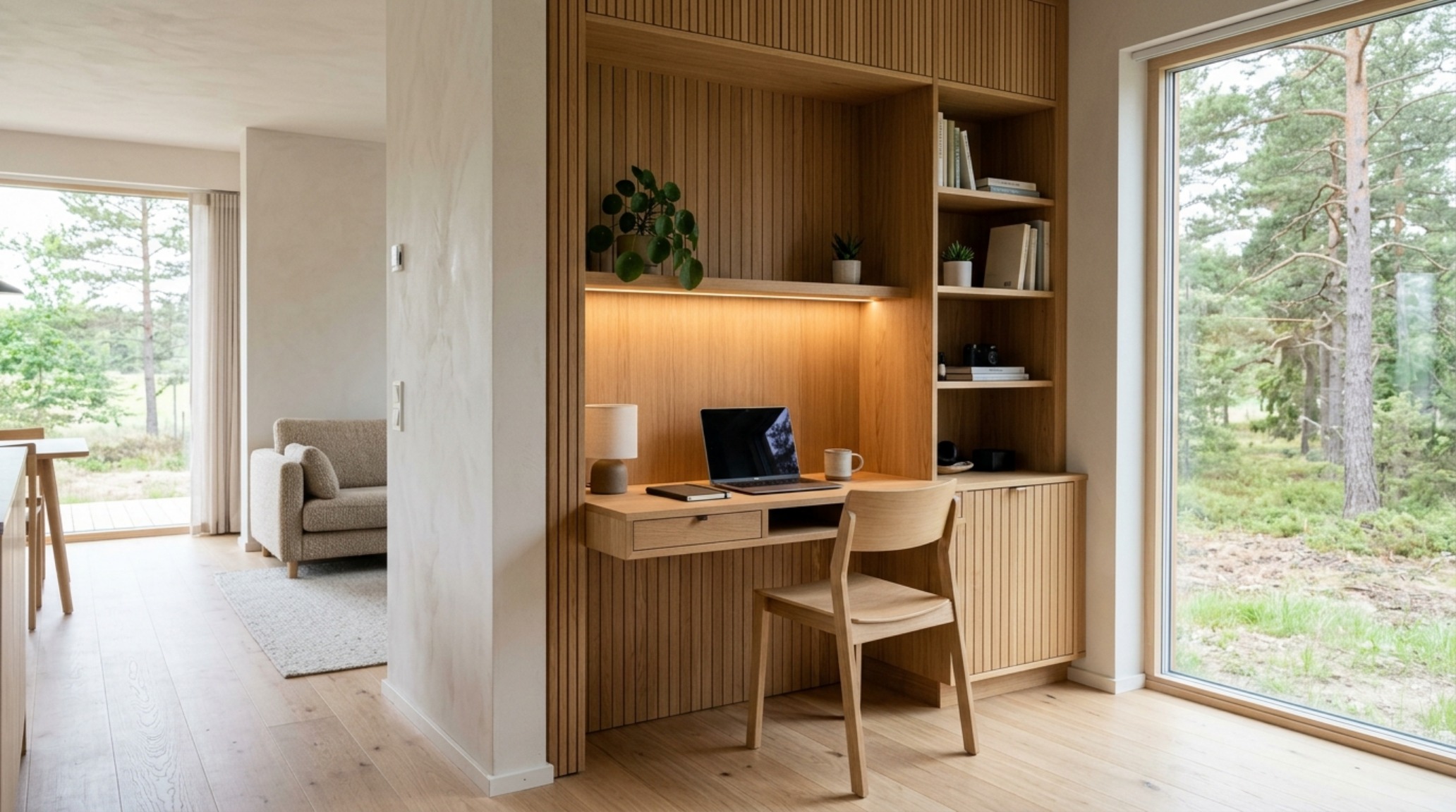Modern small modular homes ideas featuring a built-in rift-sawn white oak desk and shelving unit with integrated 3000K LED task lighting. Modern small modular homes ideas featuring a built-in rift-sawn white oak desk and shelving unit with integrated 3000K LED task lighting.