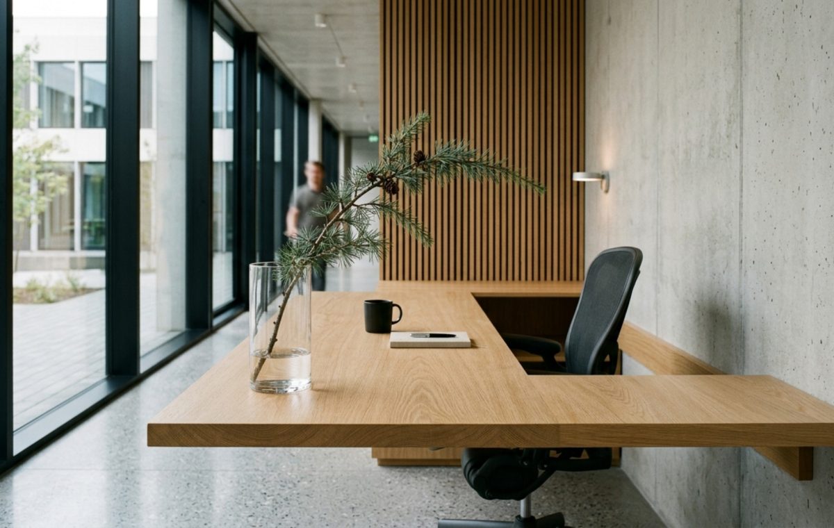 small space christmas decorating ideas for the office featuring a minimalist desk with a single cedar branch in a glass vase and clear 36-inch walkway