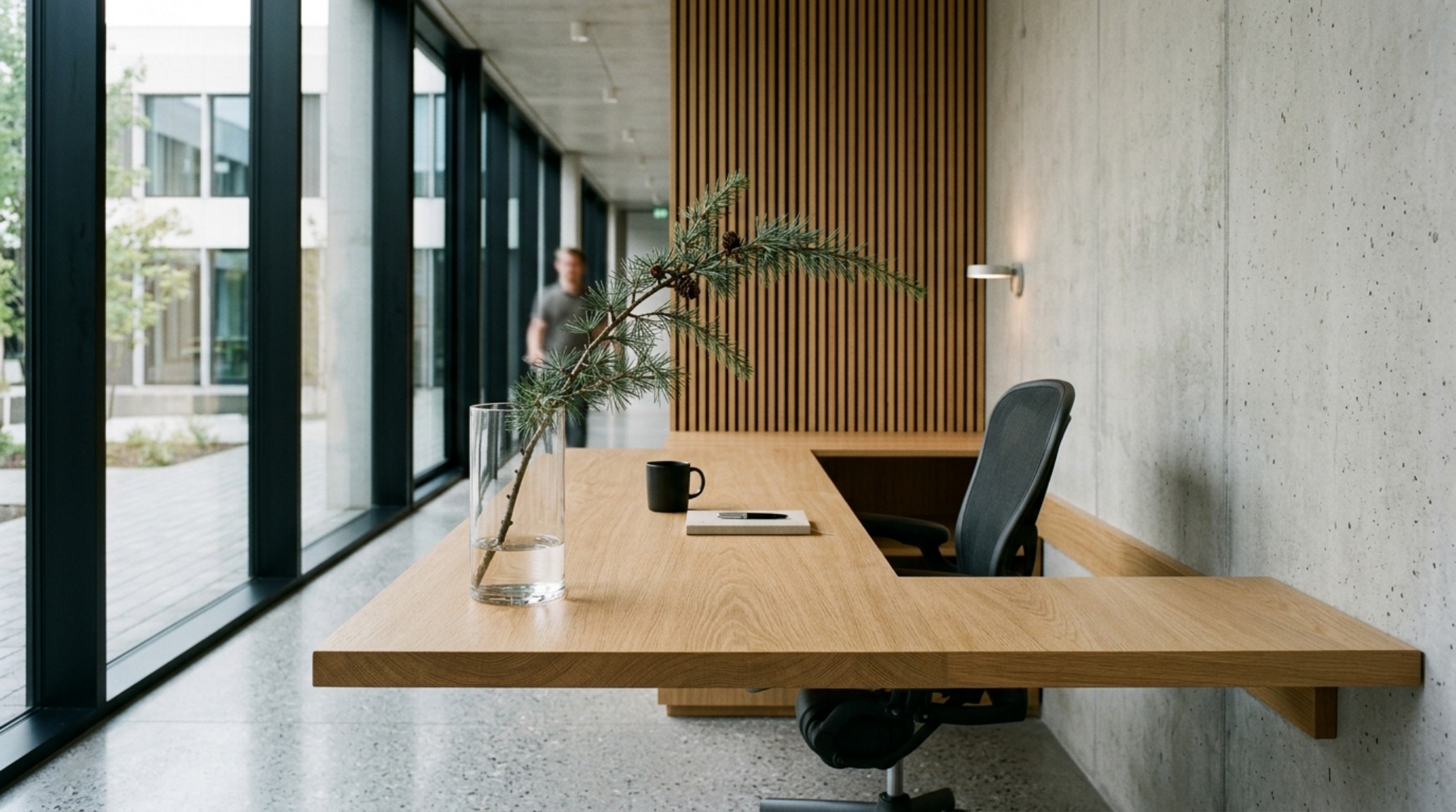 small space christmas decorating ideas for the office featuring a minimalist desk with a single cedar branch in a glass vase and clear 36-inch walkway small space christmas decorating ideas for the office featuring a minimalist desk with a single cedar branch in a glass vase and clear 36-inch walkway
