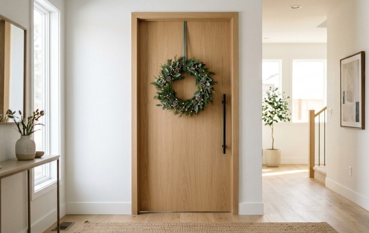 small space how to decorate christmas wreaths with a slim profile hanging on a minimalist white oak door with 36-inch foyer clearance