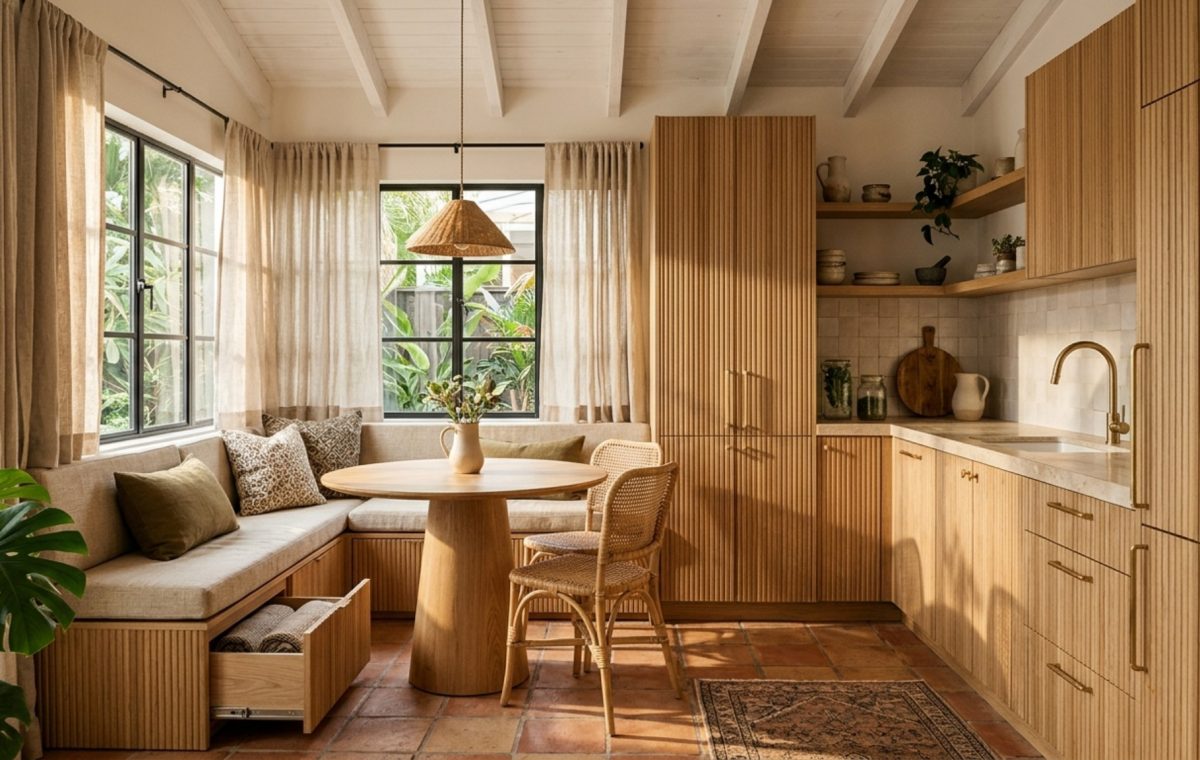 small space modern tropical architecture featuring a built-in breakfast nook with hidden drawers and fluted oak paneling in a bright corner