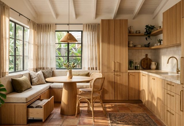 small space modern tropical architecture featuring a built-in breakfast nook with hidden drawers and fluted oak paneling in a bright corner