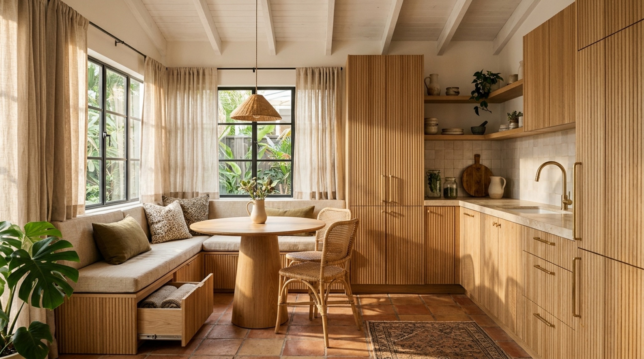small space modern tropical architecture featuring a built-in breakfast nook with hidden drawers and fluted oak paneling in a bright corner small space modern tropical architecture featuring a built-in breakfast nook with hidden drawers and fluted oak paneling in a bright corner