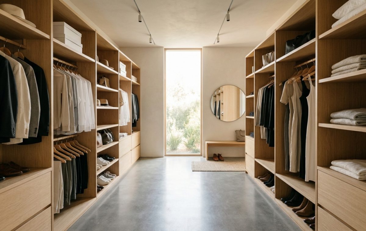 Modern walk in clothes closet ideas featuring an open-concept layout with floor-to-ceiling white oak shelving and a central stone island.