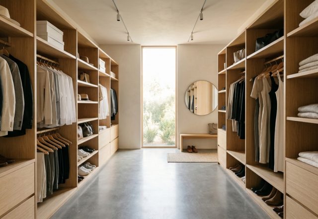 Modern walk in clothes closet ideas featuring an open-concept layout with floor-to-ceiling white oak shelving and a central stone island.