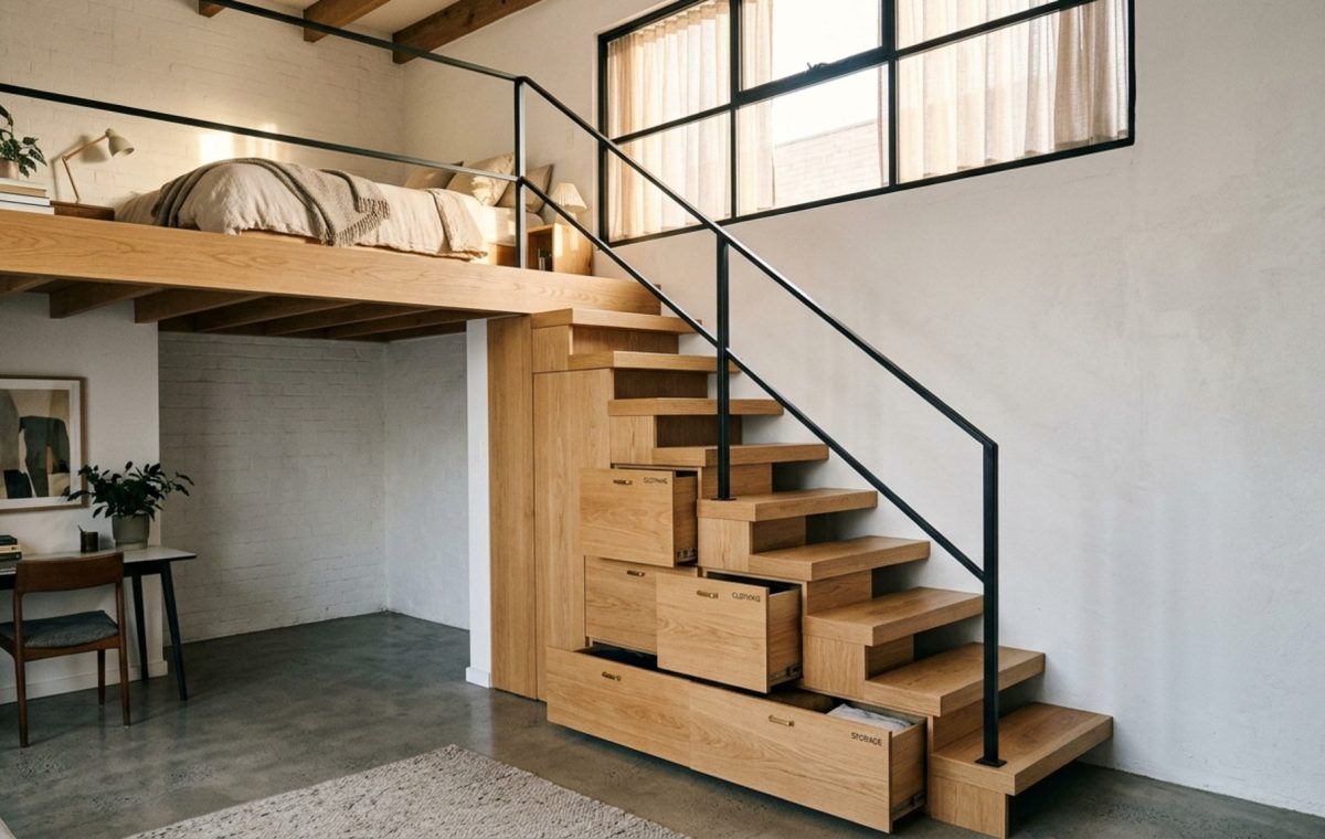 small space loft bedroom design featuring an open-tread white oak staircase and built-in storage drawers beneath the mezzanine floor