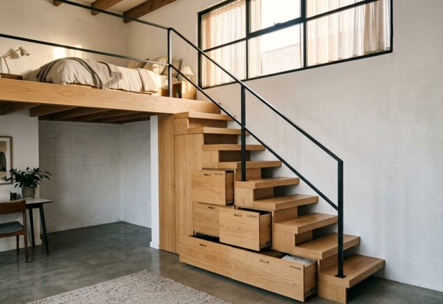 small space loft bedroom design featuring an open-tread white oak staircase and built-in storage drawers beneath the mezzanine floor