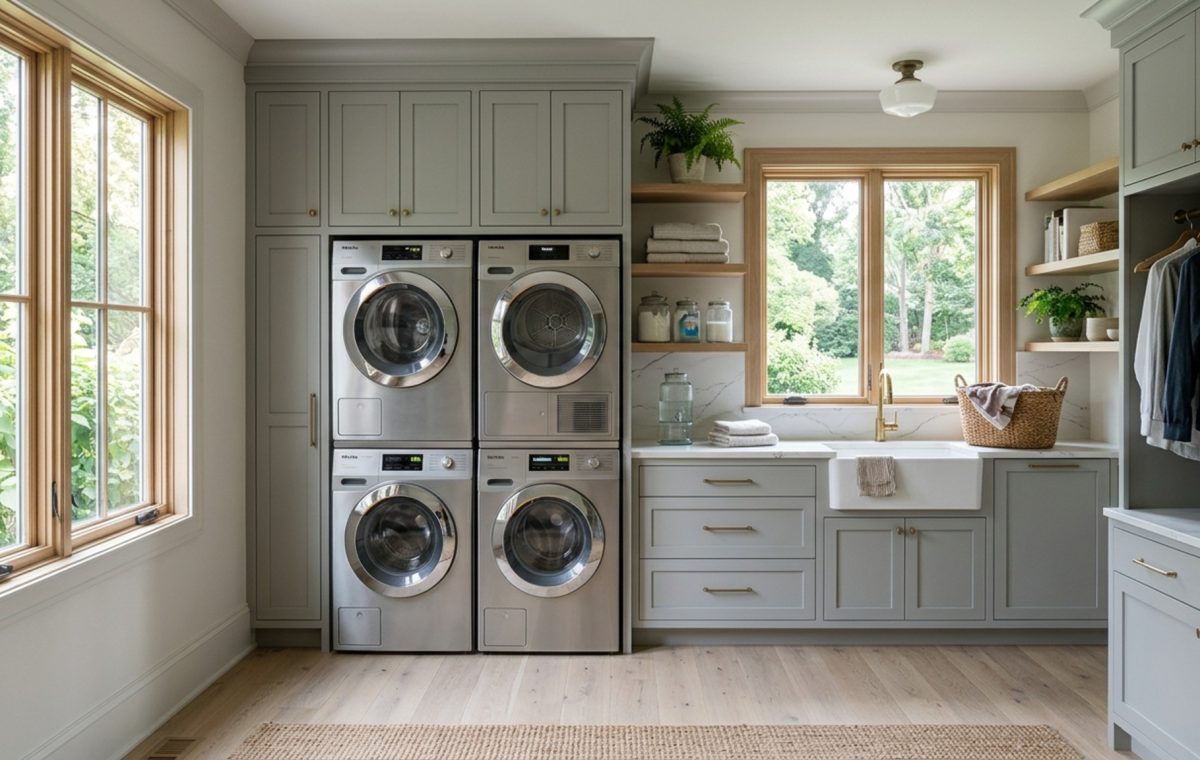 modern laundry room layout ideas ideas featuring a vertical appliance stack integrated into custom gray cabinetry with a 36-inch ergonomic walkway.