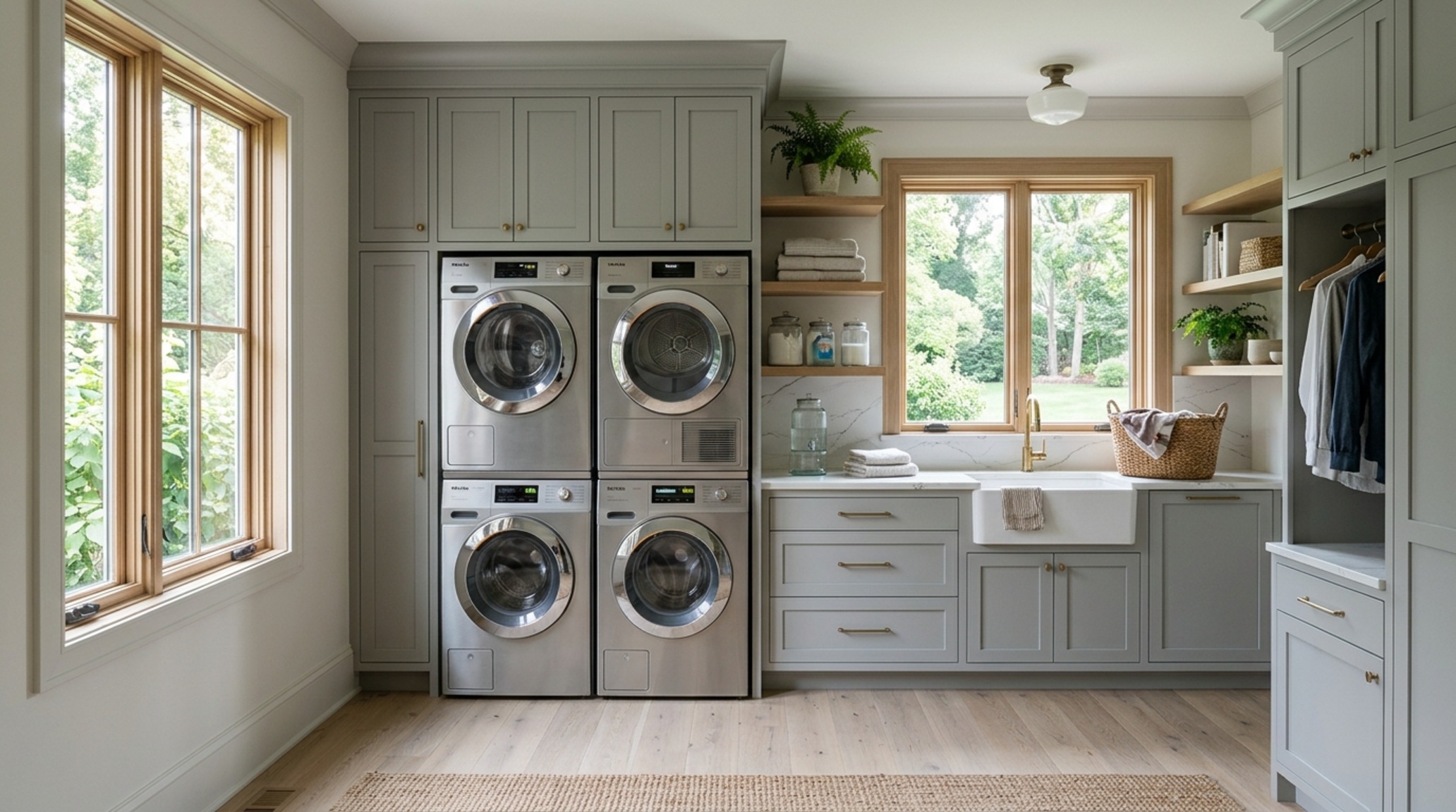 modern laundry room layout ideas ideas featuring a vertical appliance stack integrated into custom gray cabinetry with a 36-inch ergonomic walkway. modern laundry room layout ideas ideas featuring a vertical appliance stack integrated into custom gray cabinetry with a 36-inch ergonomic walkway.
